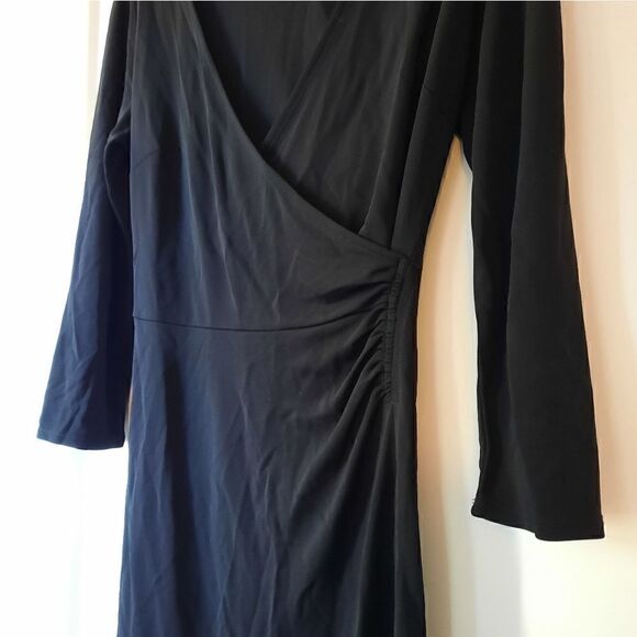 LOFT Wrap Dress Black Long Sleeve Ruched V Neck - Picture 5 of 12